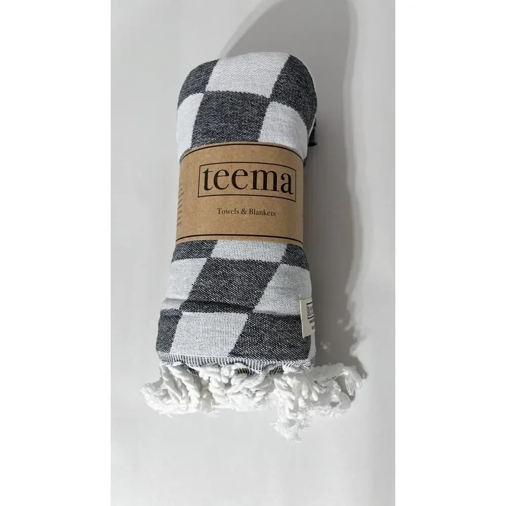 Teema Organic Cotton Charcoal Checkmate Flat Woven Turkish Towel Bath Sheet New